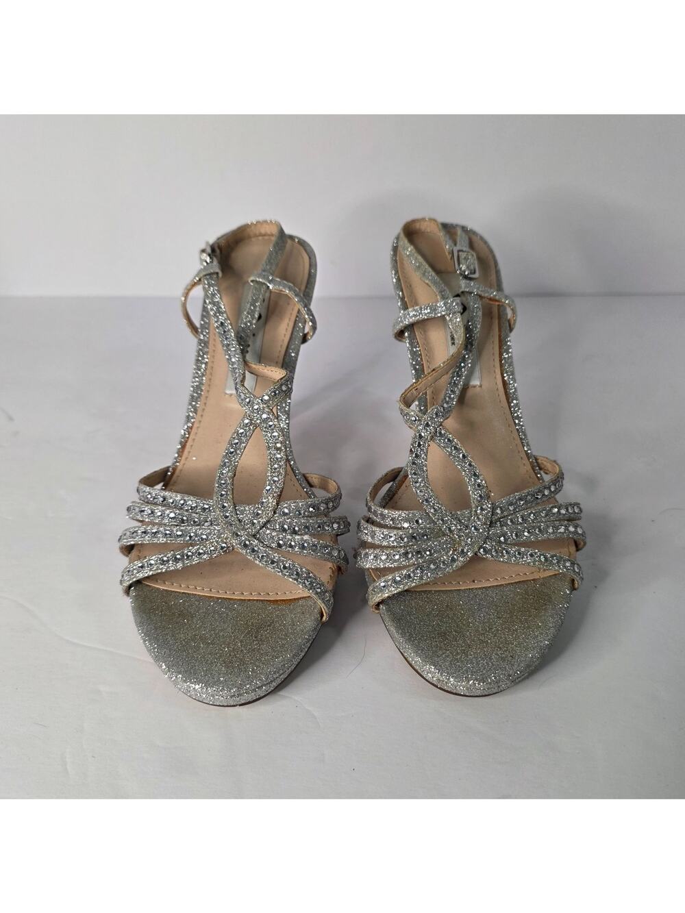 Nina Silver Glitter Strappy Heels Ankle Strap Sandals Womens Size 6M